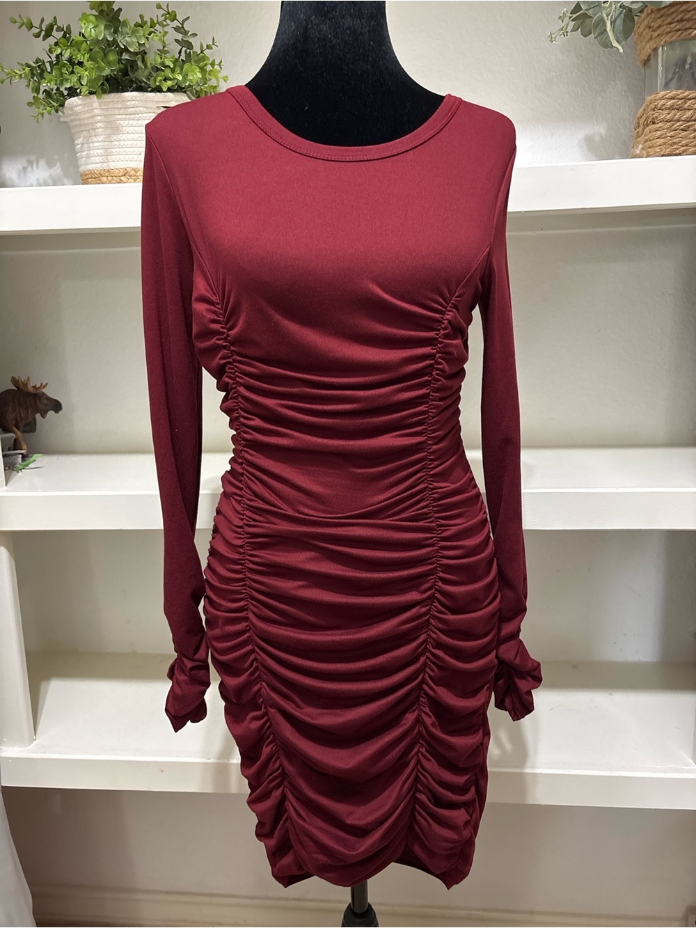 Fashion Nova Ruched Long-Sleeve Bodycon Dress - Wine Red
